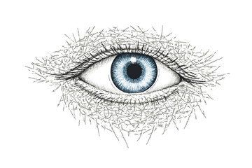 Abstract eye with blue iris and black pupil surrounded by gray lines