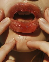 Obraz premium Beauty and elegance close up of woman's mouth with red stain on lips and hands on lips, fashion and makeup concept