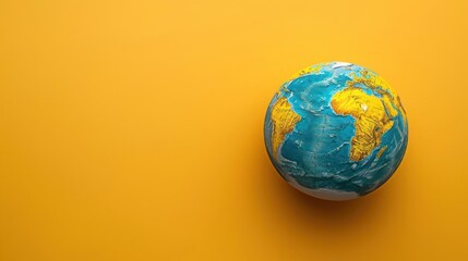 A spherical model of Earth prominently displayed on a solid yellow background.