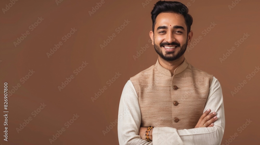 Wall mural photo of modern indian man wearing beige kurti with vest, smiling and looking at - Wall murals