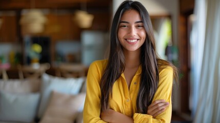portrait of beautiful smiling young latin woman standing in her living room, wearing yellow shirt with long hair looking at