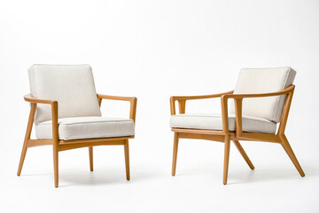 Two Modern Wooden Armchairs on White Background 