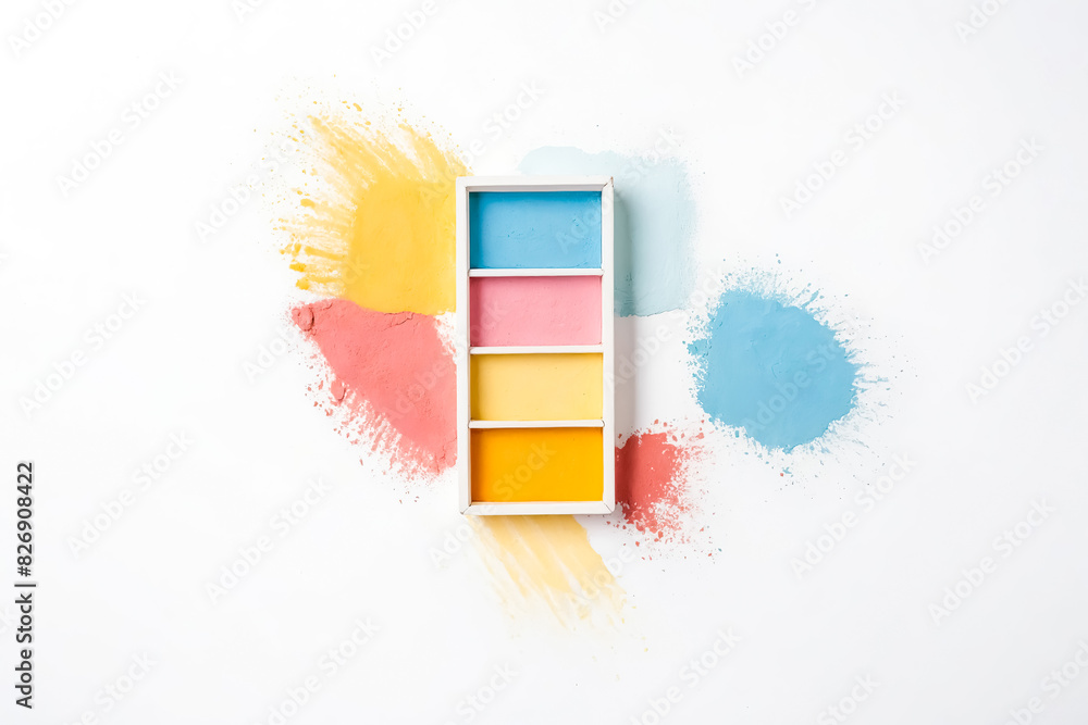 Poster Flat lay of colorful paint splashes on a white background. A white palette with four different colored paints is in the center of the image. 