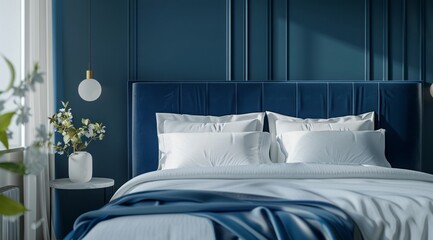 Minimalist blue bedroom showcasing a deep blue headboard, clean white bedding, and subtle blue accents