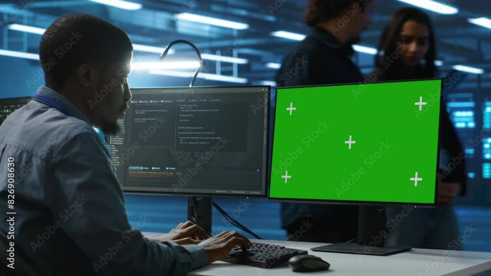 Poster it specialist in server farm using green screen pc ensuring valuable data remains shielded from thre