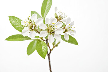 Obraz premium Cherry Blossom Branch with White Flowers and Green Leaves