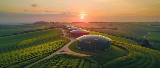 Aerial shot of a sustainable biogas plant nestled in green farmland