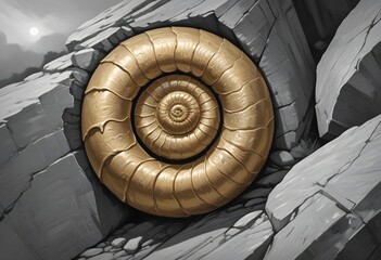Digital painting ammonite fossil embedded in a rug