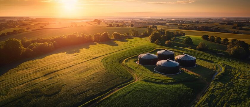 High angle view of a biogas plant on a countryside farm