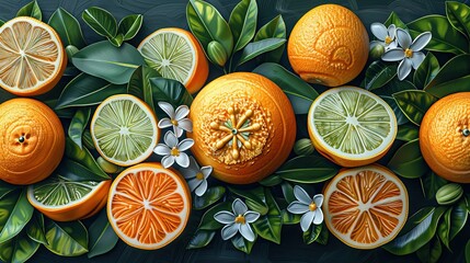 create a flat illustration featuring lime lemon and herbs, in the style of cultural mash-up, teal and orange, traditional vietnamese, leaf patterns,