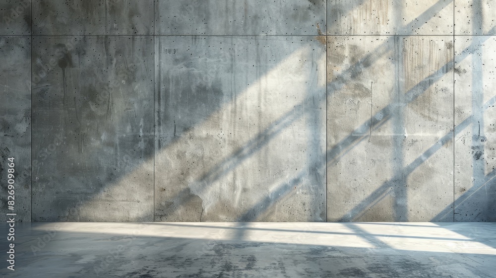 Poster concrete wall with sunlight and shadows - sunlight casts diagonal shadows on a textured concrete wal