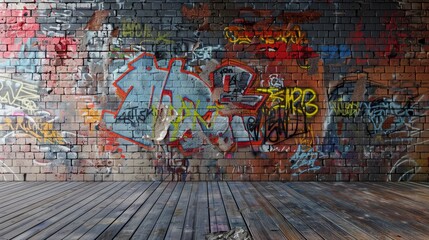 Graffiti artwork on weathered brick interior - Sprayed graffiti artwork adorning an interior brick wall, blending urban vibe with rustic charm