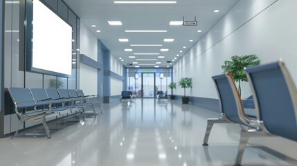 Obraz premium A blank advertising billboard in the lobby of a clinic, providing ample space for your message or media content. Enhance visibility in a high-traffic healthcare environment