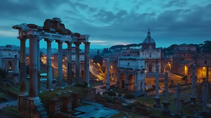 Obraz premium As evening falls, the blue light of dusk envelops the Imperial Forum in Rome, highlighting its ancient structures. This UNESCO World Heritage Site in Lazio, Italy,