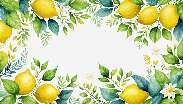 Hand-drawn watercolor painting lemon frame on white background. Vector illustration of green leaves, flowers, buds, and branches.