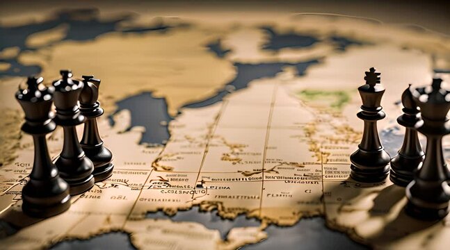 Strategic Global Power Dynamics: Chess Pieces on a World Map