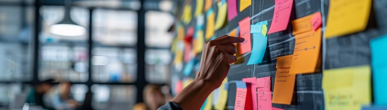 A breakout session at a business seminar where participants are raising sticky notes to contribute ideas on a collaboration board, Close up