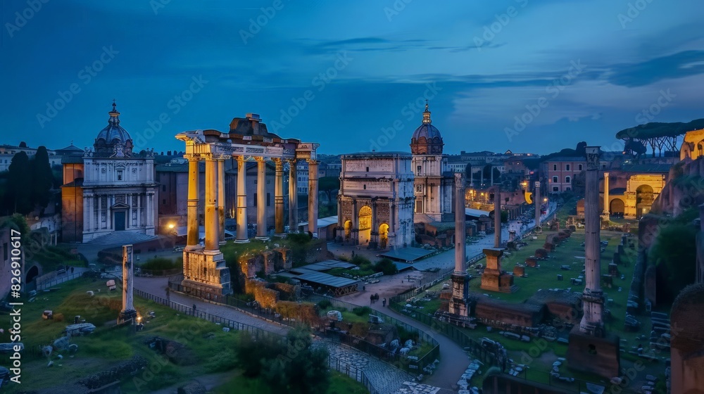 Sticker as evening falls, the blue light of dusk envelops the imperial forum in rome, highlighting its ancie