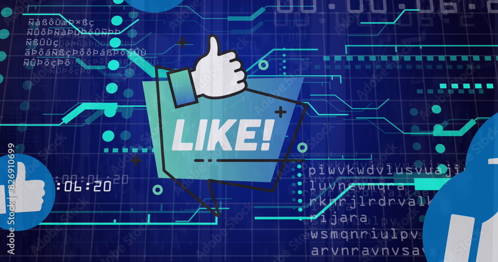 Poster image of like text and icon with data processing over computer servers