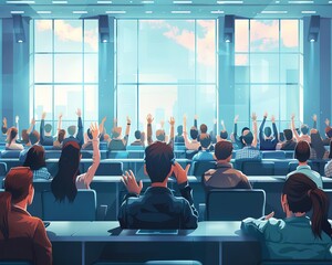 A business seminar in a large conference hall with attendees raising their hands to ask questions, knolling