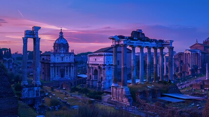 Obraz premium As evening falls, the blue light of dusk envelops the Imperial Forum in Rome, highlighting its ancient structures. This UNESCO World Heritage Site in Lazio, Italy,