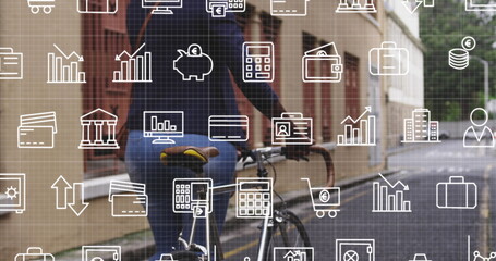 Image of digital icons over biracial woman iwith bike in city