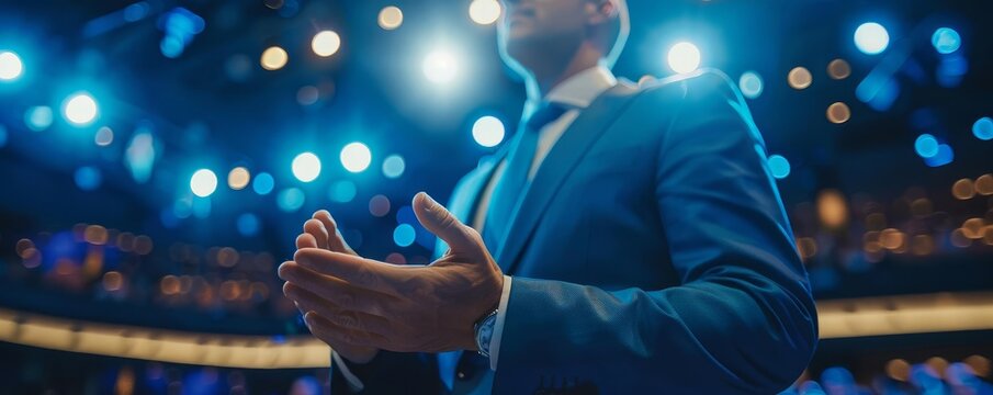A business leader receiving applause as they walk onto the stage at a corporate seminar, Close up