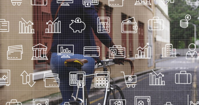 Image of digital icons over biracial woman iwith bike in city