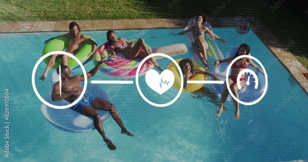 Poster image of flowchart of icons over diverse friends on inflatable rings enjoying in swimming pool