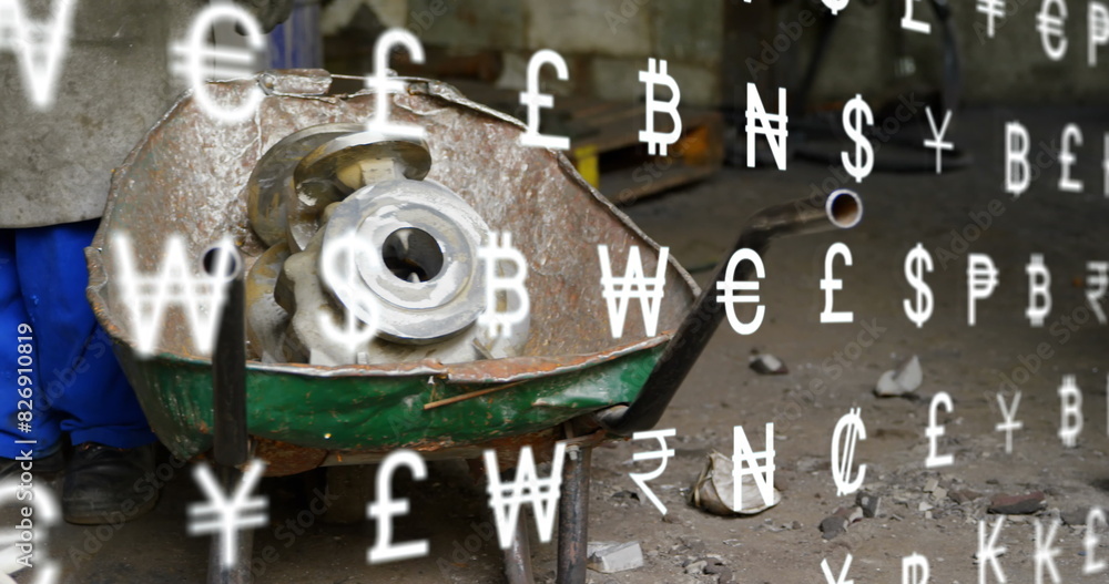 Aufkleber image of multiple currency symbols over midsection of workers with equipment