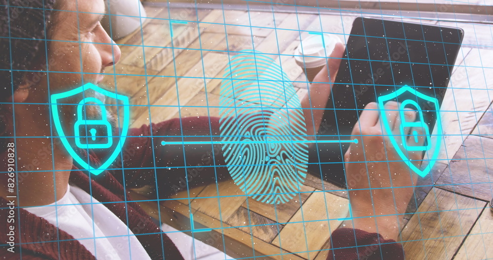 Poster image of fingerprint and padlock in shields over caucasian man scrolling on digital tablet