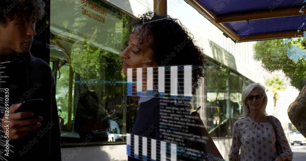 Poster image of graphs, globes and computer language, diverse friends talking at bus stop