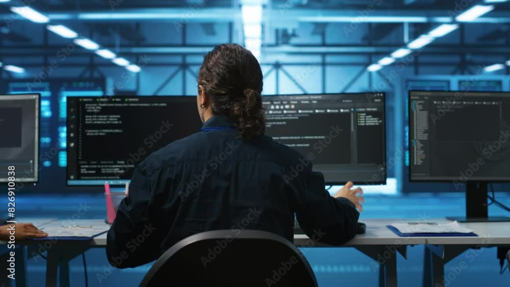 Poster engineer drinking coffee and programming in server room with equipment storing datasets. employee en