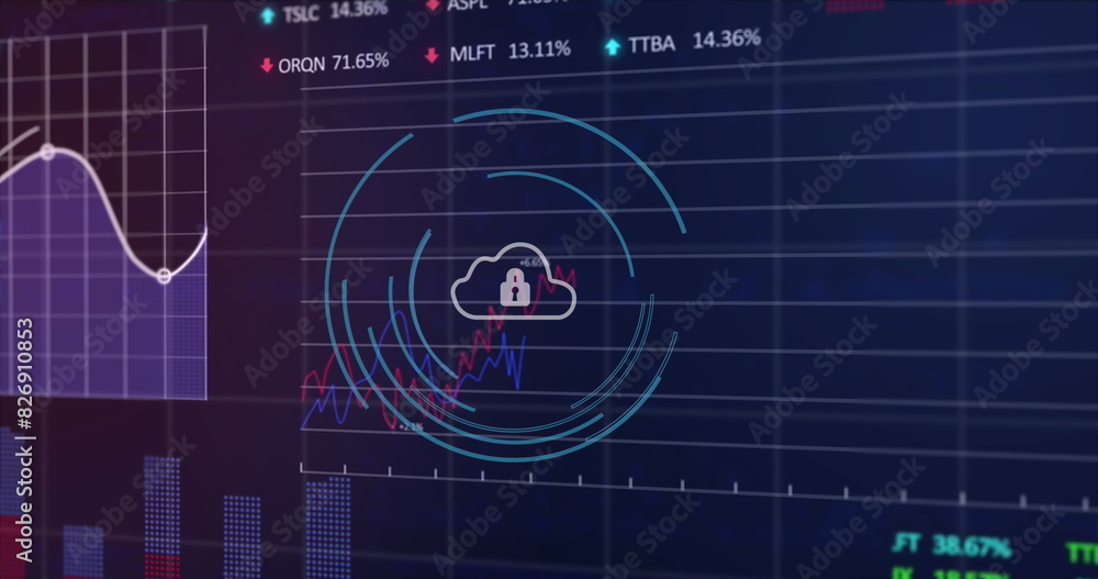 Poster image of padlock in circles, graphs, trading boards and computer language over black background