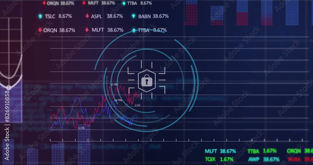 Poster image of padlock in hexagon, graphs, trading boards and computer language over black background