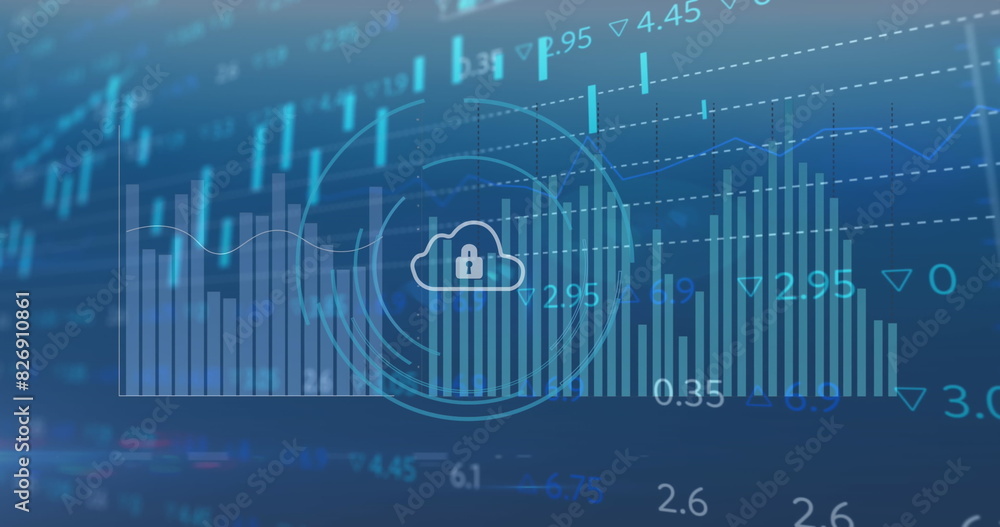 Poster image of padlock in cloud over multiple graphs and trading board against blue background