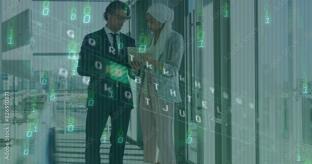 Poster image of binary codes, illuminated pattern on keyboard, diverse couple discussing reports