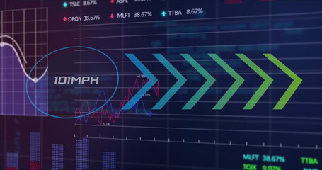 Image of changing numbers, mph text, arrows, graphs and trading board over black background