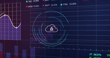 Image of padlock in circles, graphs, trading boards and computer language over black background