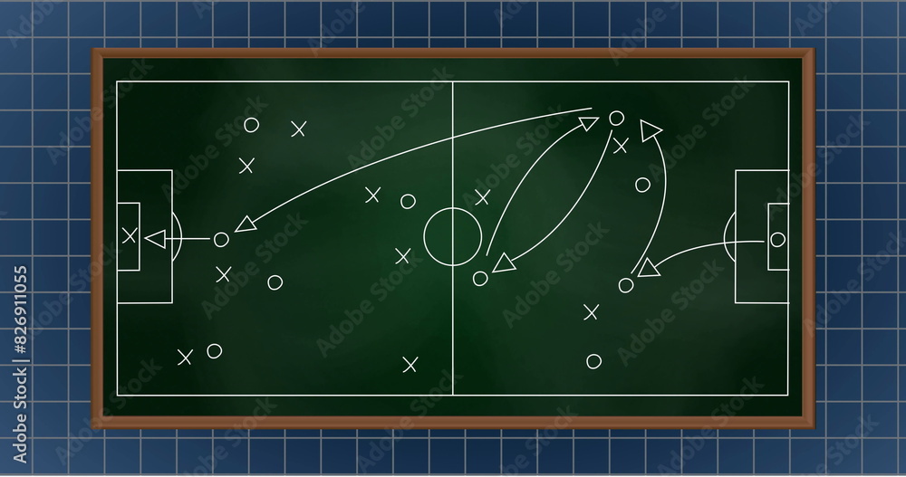 Poster image of arrow on soccer court with grid pattern on blue background