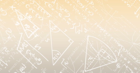 Image of white colored mathematical equation and diagrams over gradient background