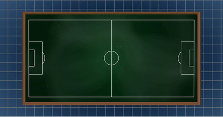 Fototapeta premium Image of arrow on soccer court with grid pattern on blue background