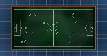 Fototapeta premium Image of arrow on soccer court with grid pattern on blue background