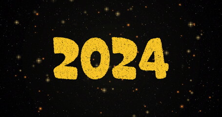 Image of 2024 text over fireworks exploding on black background