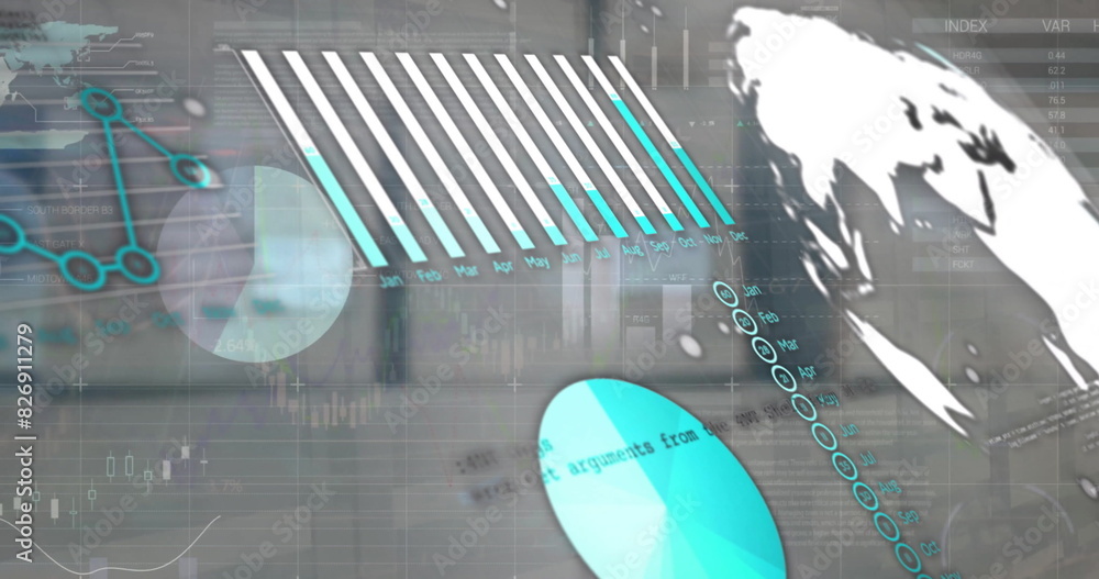 Poster image of data processing and world map over cardboard boxes
