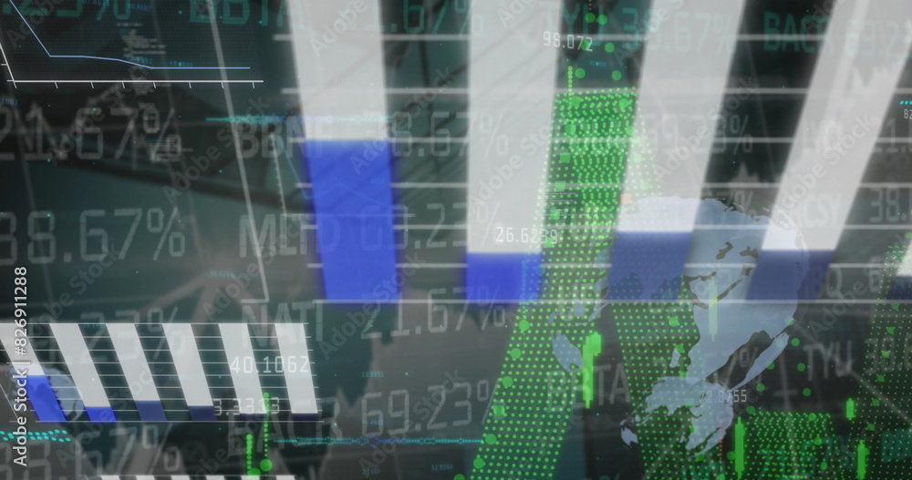 Poster image of data processing and world map over globes