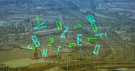 Image of changing numbers and letters over cityscape