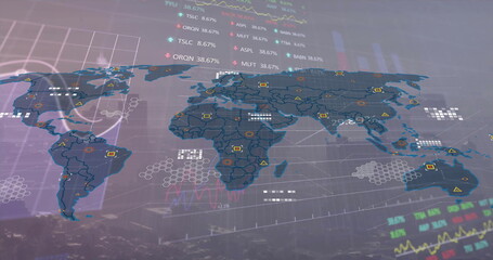 Image of data processing and world map over cityscape