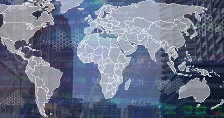 Image of data processing and world map over cityscape