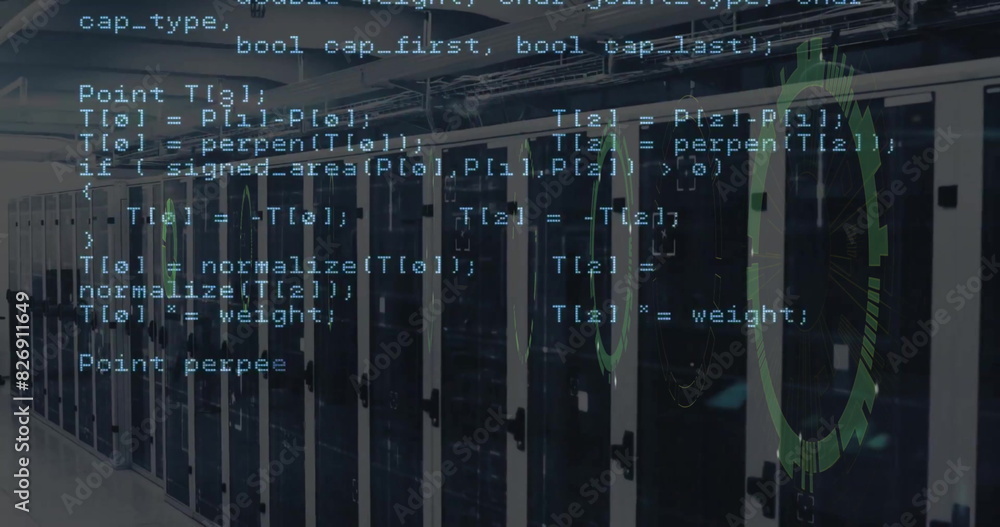 Poster image of data coding and circular scanner over server room